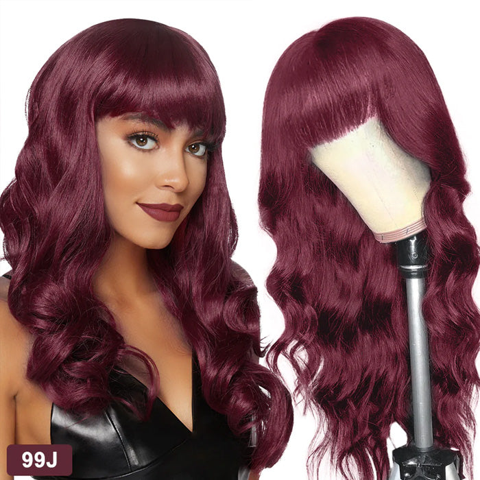 Withme Hair #99J Color Machine Made Wig With Bang Body Wave