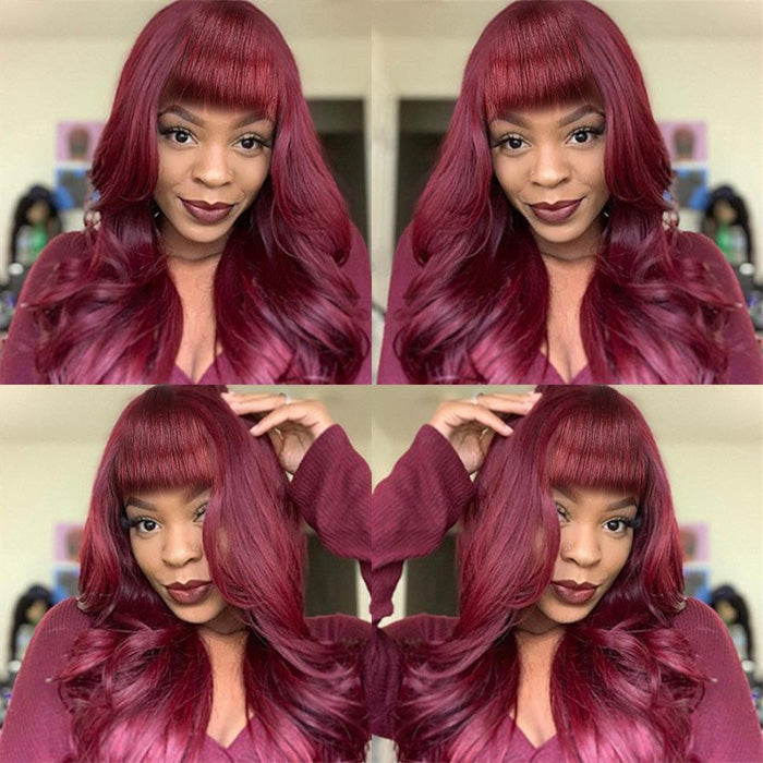 Withme Hair #99J Color Machine Made Wig With Bang Body Wave