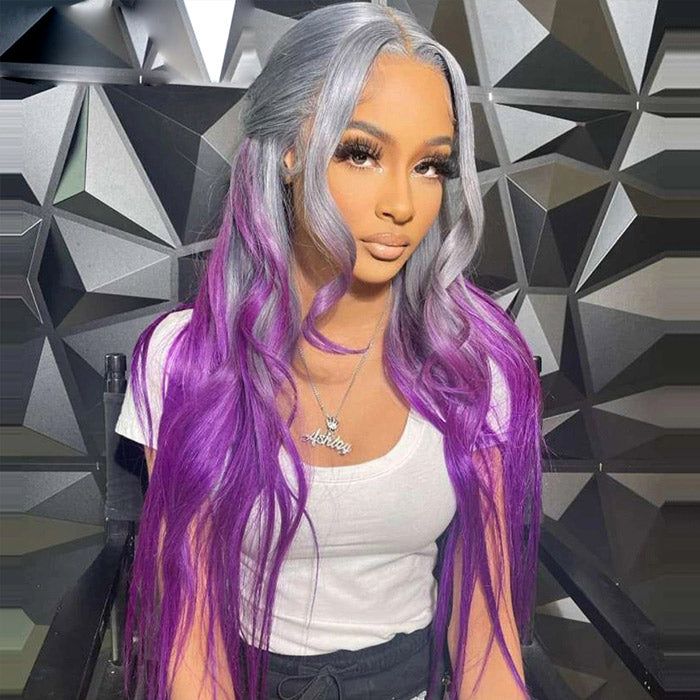 Withme Hair Grey Purple Ombre Color 13x4 Lace Frontal Wig Body Wave