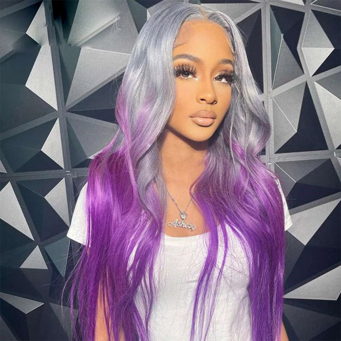 Withme Hair Grey Purple Ombre Color 13x4 Lace Frontal Wig Body Wave