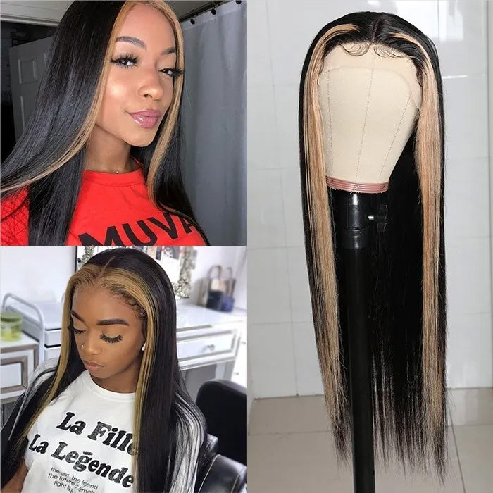 Honey Blonde Skunk Stripe Straight 13x4 Lace Frontal Human Hair Wigs