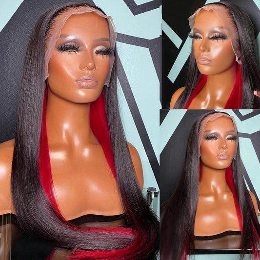 Inner Red Color 13x4 Lace Frontal Wig Hanging Ear Dyeing Wig Straight