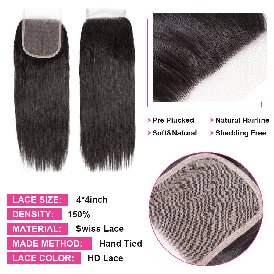 HD 4x4 Inch Lace Closure Straight Undectable Invisible Lace