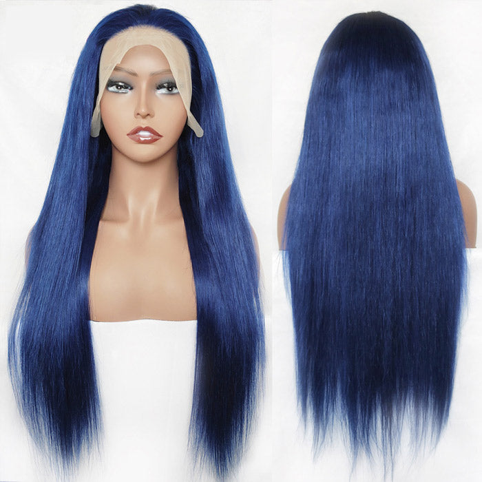 Dark Blue Color Human Hair Lace Frontal Wigs Pre Plucked With Baby Hair