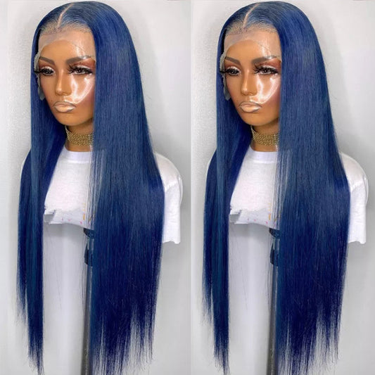 Dark Blue Color Human Hair Lace Frontal Wigs Pre Plucked With Baby Hair