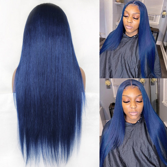 Dark Blue Color Human Hair Lace Frontal Wigs Pre Plucked With Baby Hair