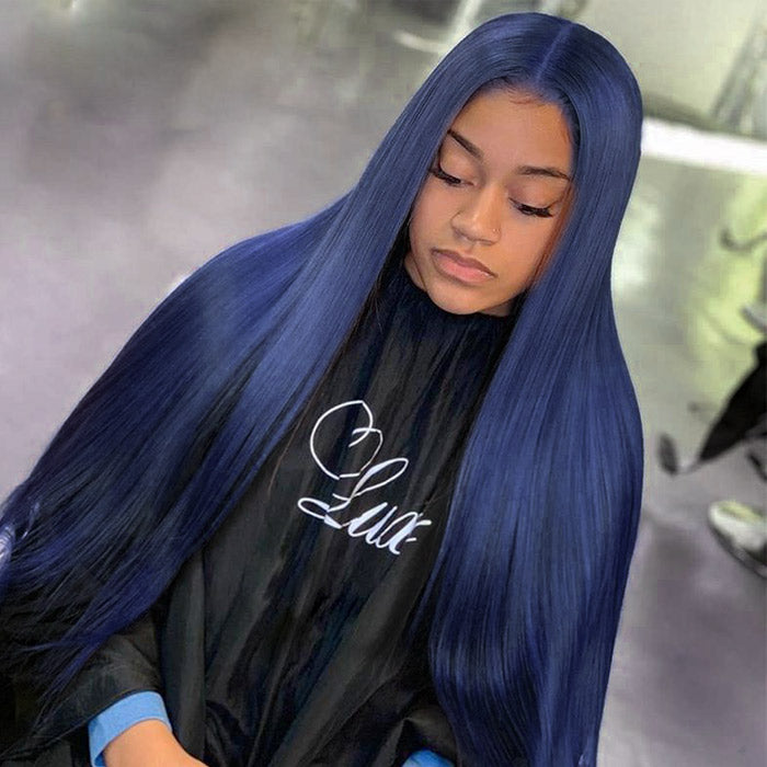 Dark Blue Color Human Hair Lace Frontal Wigs Pre Plucked With Baby Hair