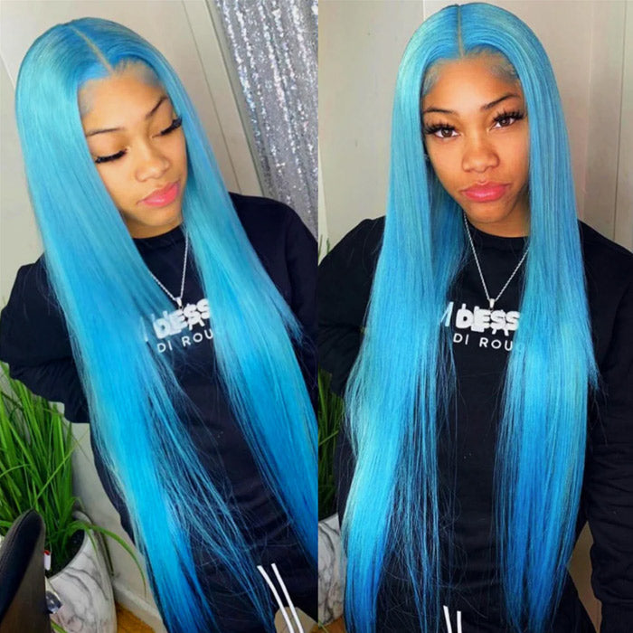 Lake Brilliant Blue Color Straight Human Hair Lace Wigs Pre Plucked With Baby Hair