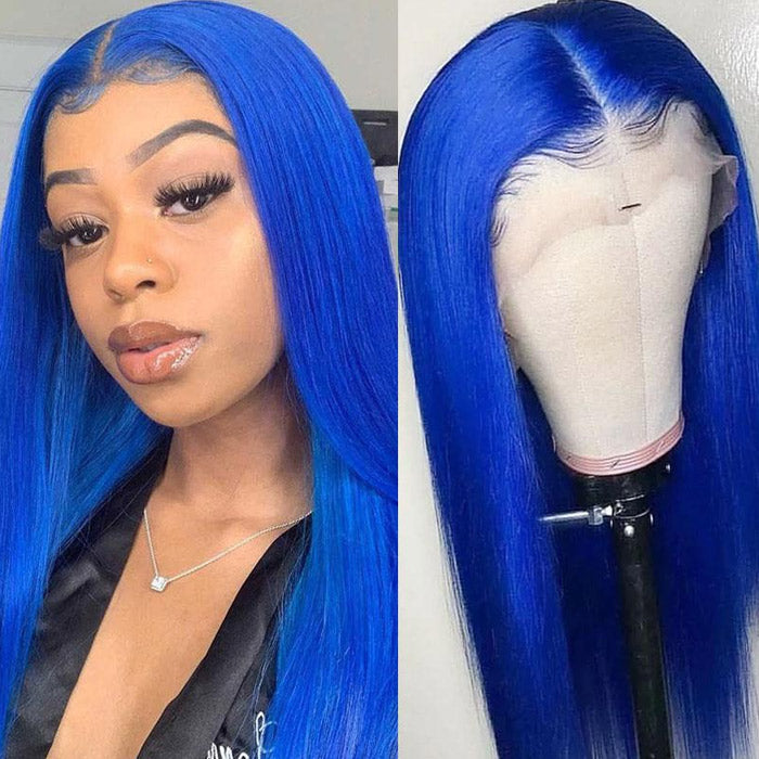 Light Blue Color Straight Human Hair Lace Wigs Pre Plucked With Baby Hair