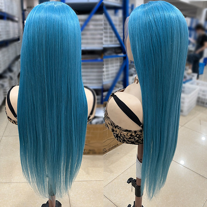 Lake Brilliant Blue Color Straight Human Hair Lace Wigs Pre Plucked With Baby Hair