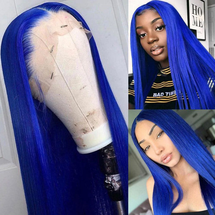 Light Blue Color Straight Human Hair Lace Wigs Pre Plucked With Baby Hair