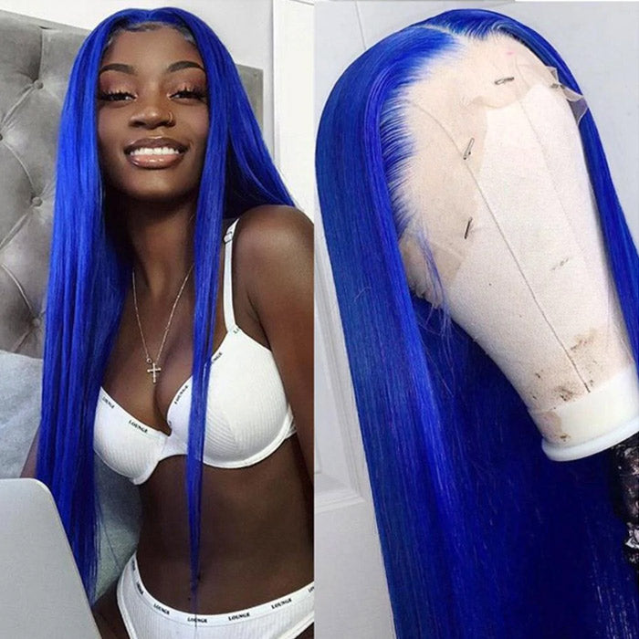 Light Blue Color Straight Human Hair Lace Wigs Pre Plucked With Baby Hair