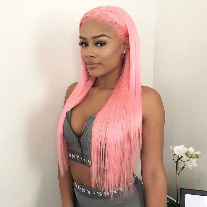 Pink Color Straight Human Hair Lace Wigs Pre Plucked With Baby Hair