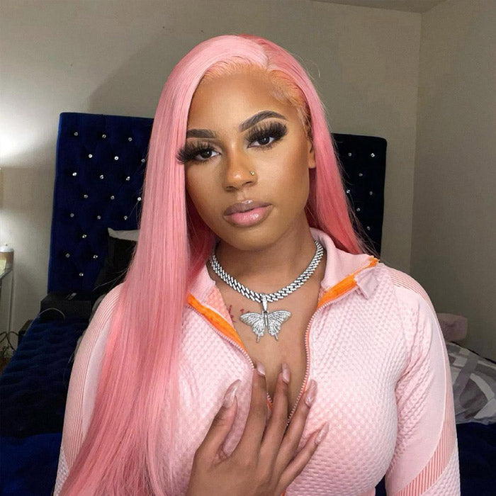 Pink Color Straight Human Hair Lace Wigs Pre Plucked With Baby Hair