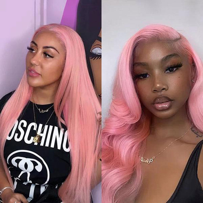 Pink Color Straight Human Hair Lace Wigs Pre Plucked With Baby Hair