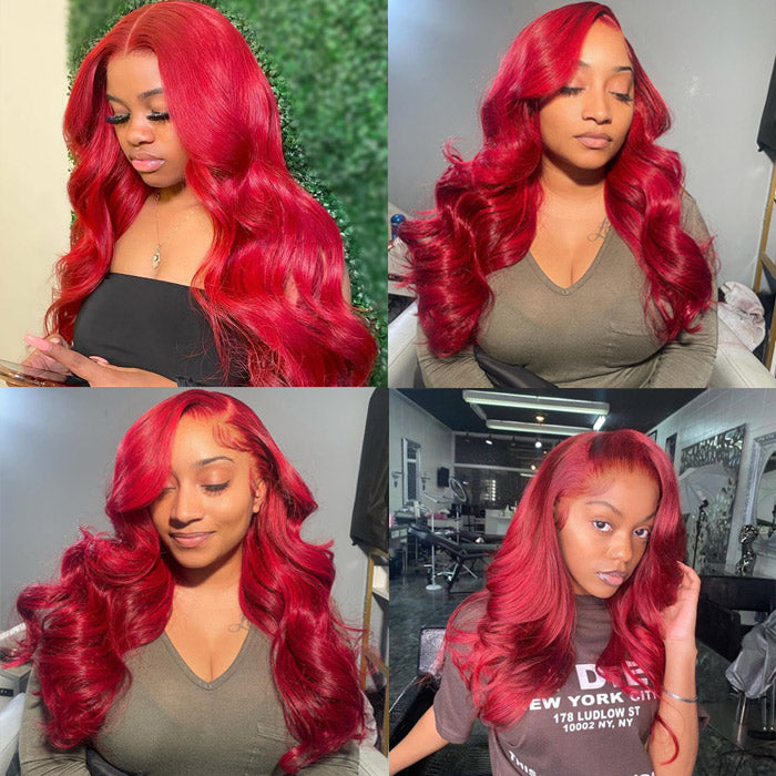 Red Color Human Hair Lace Frontal Wig Pre Plucked With Baby Hair