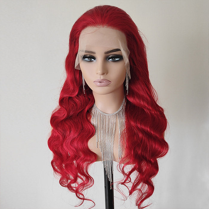 Red Color Human Hair Lace Frontal Wig Pre Plucked With Baby Hair