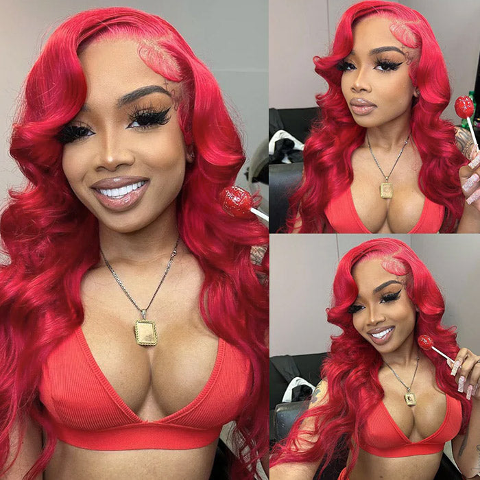 Red Color Human Hair Lace Frontal Wig Pre Plucked With Baby Hair