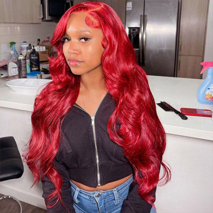 Red Color Human Hair Lace Frontal Wig Pre Plucked With Baby Hair