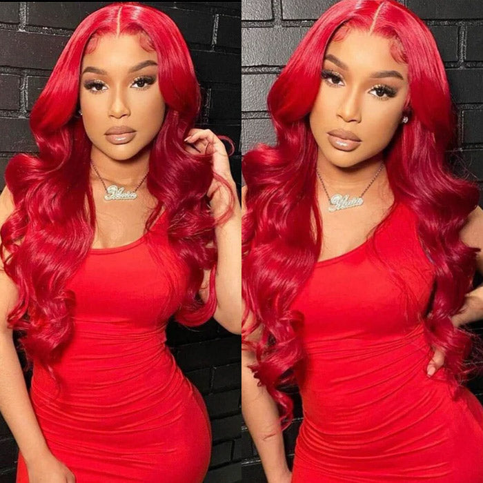 Red Color Human Hair Lace Frontal Wig Pre Plucked With Baby Hair