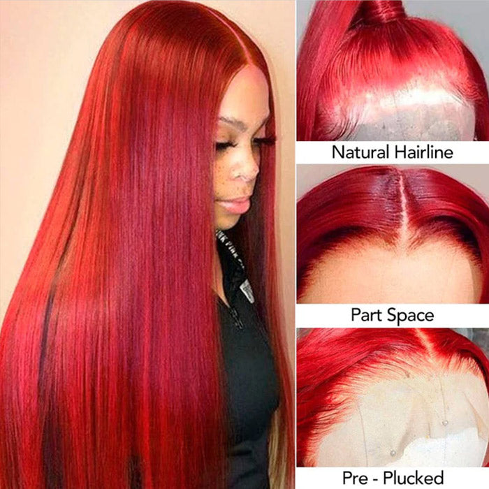 Red Color Human Hair Lace Frontal Wig Straight Wave Pre Plucked With Baby Hair