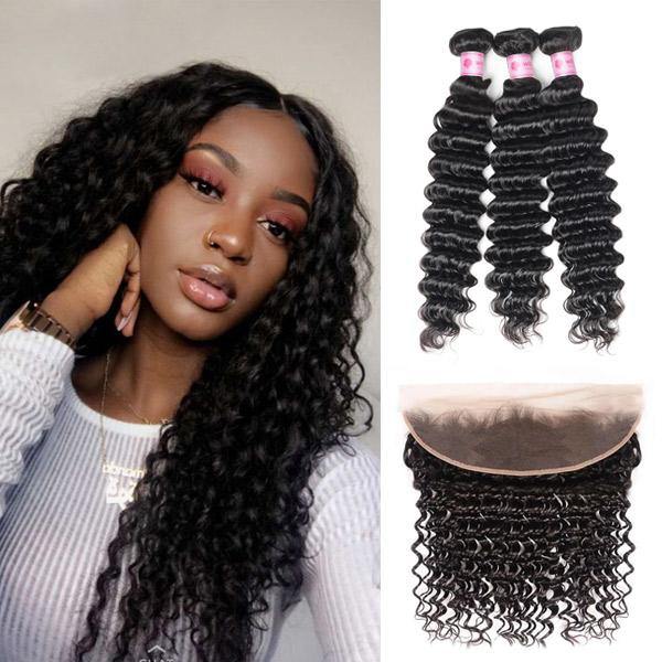 Withme Hair 3 Bundles Remy Hair Deep Wave with 13*4 Lace Frontal - Withme Hair