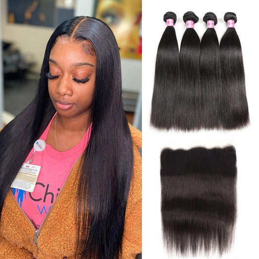 Withme Hair 4 Bundles Straight Remy Hair with 13*4 Lace Frontal - Withme Hair