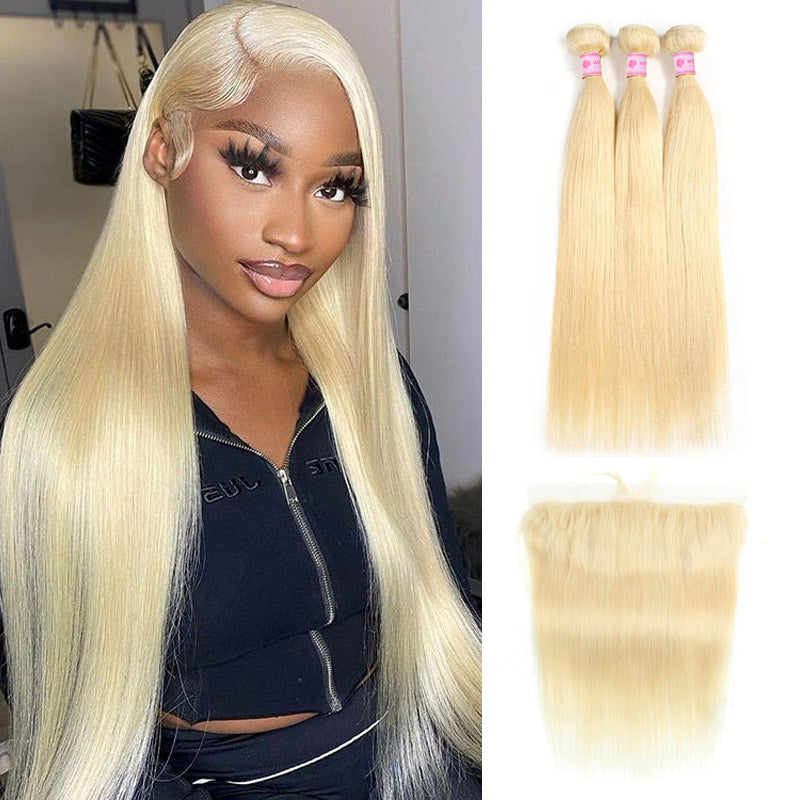 #613 Blonde 3 Bundles Straight with 13*4 Lace Frontal