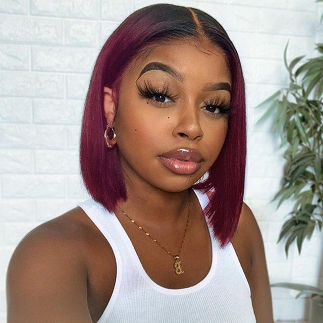 Withme Hair Burgundy Red Color Bob Wigs Lace Wigs Silky Straight Hair - Withme Hair