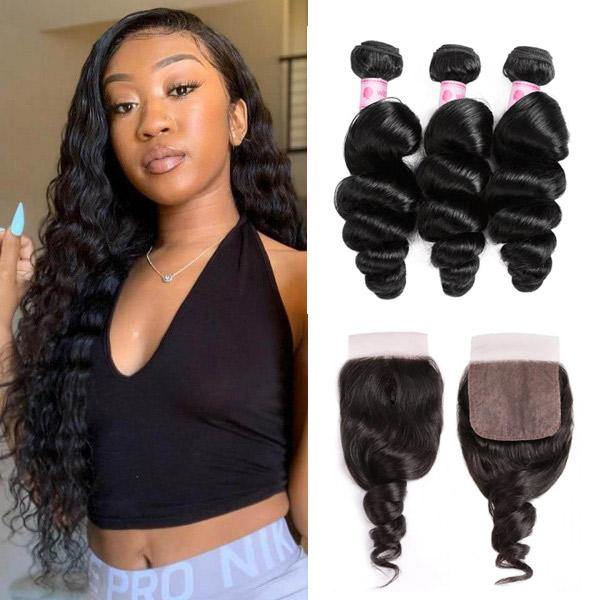 Withme Hair 3 Bundles Loose Wave Remy Hair with 4*4 Lace Closure - Withme Hair
