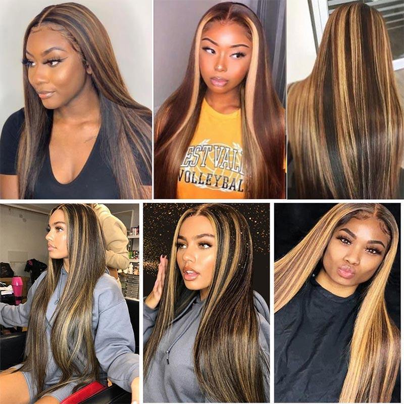 Withme Hair Highlight Honey Blonde Color 13x4 Lace Frontal Wig Straight Human Hair Wigs - Withme Hair