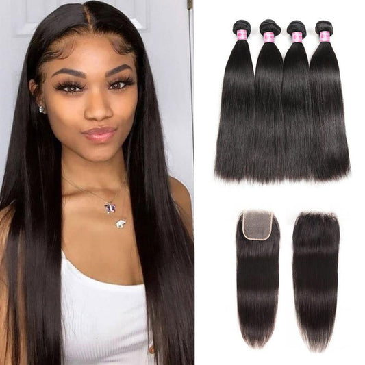 Withme Hair 4 Bundles Straight Remy Hair with 4*4 Lace Closure - Withme Hair